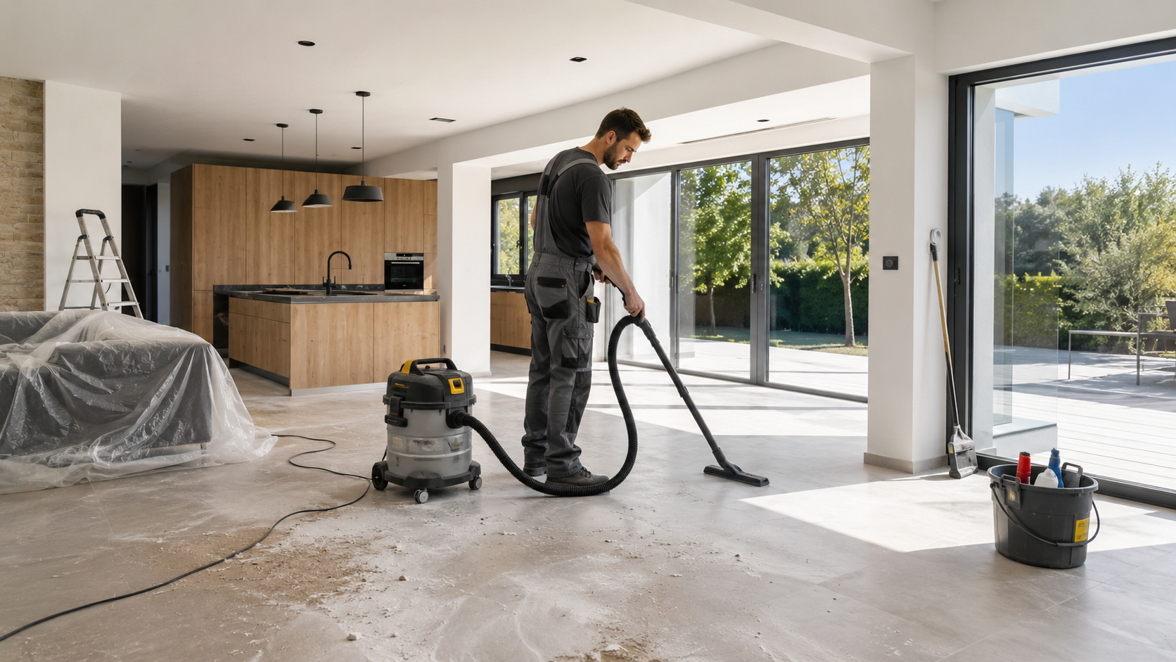 Homme aspirant poussière dans maison en rénovation