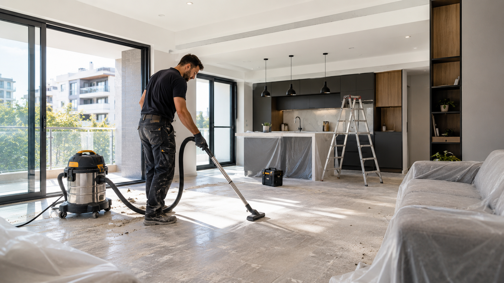 Homme aspirant après travaux dans appartement moderne