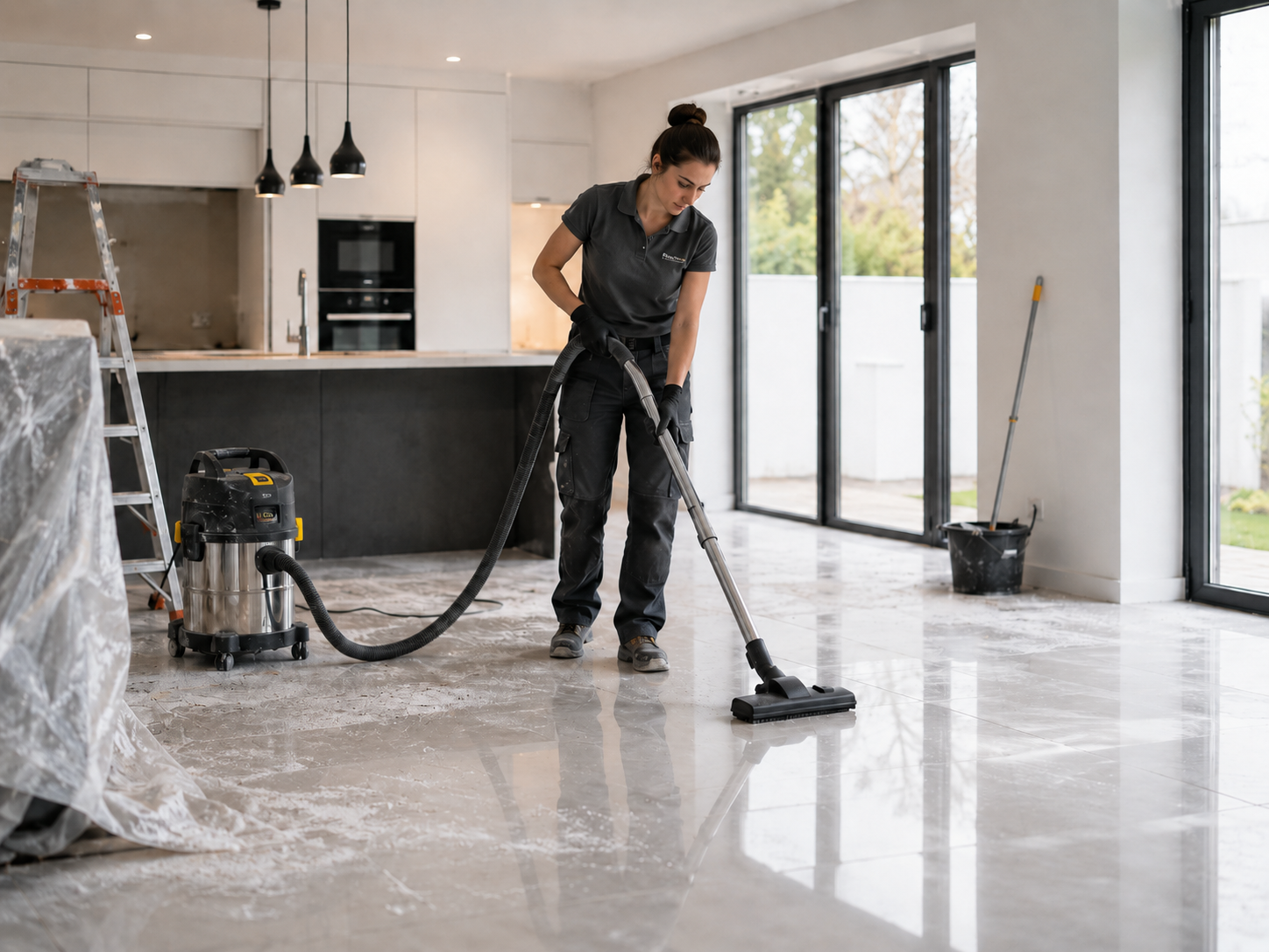 Femme aspirant sol cuisine moderne après travaux