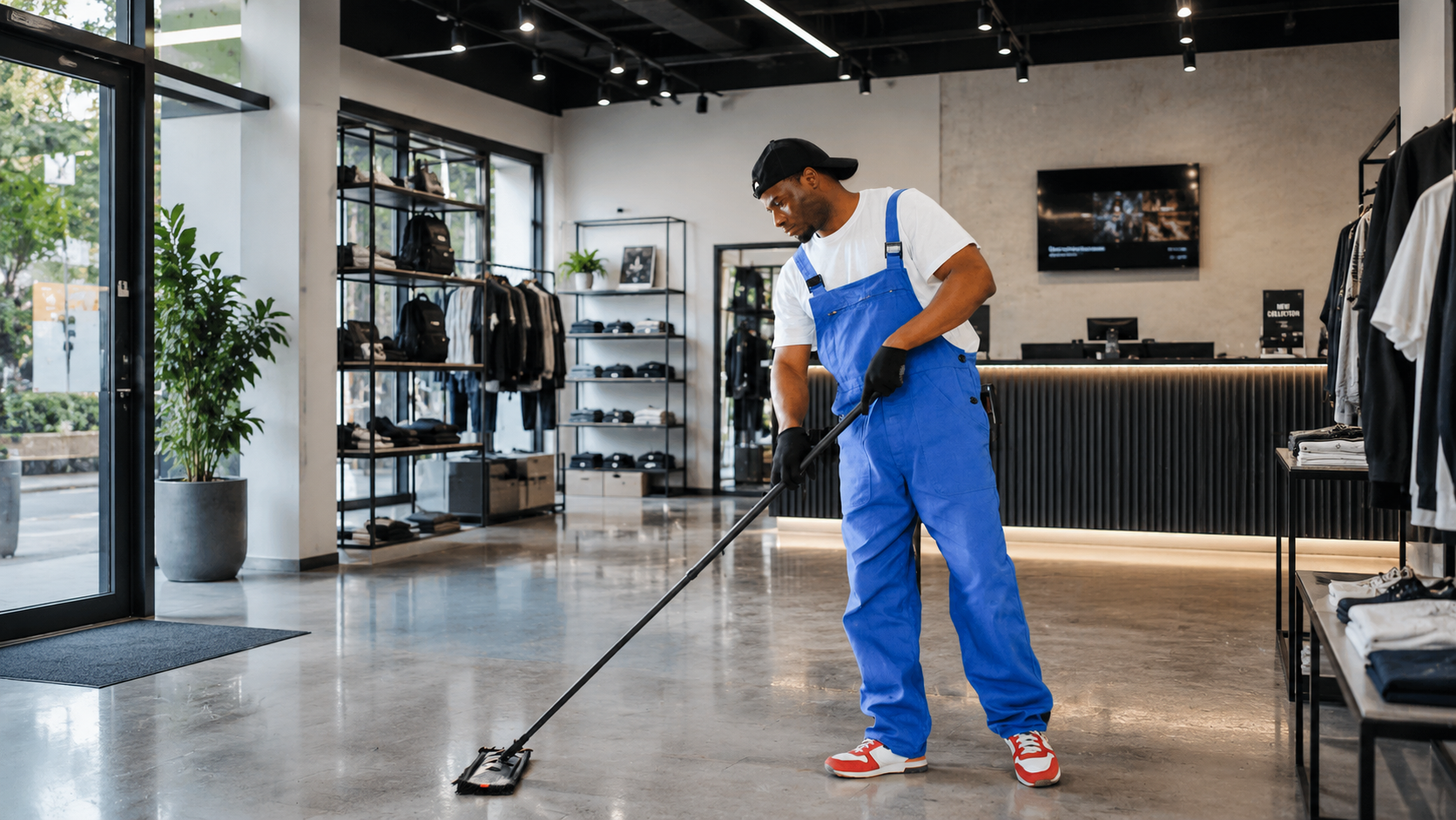 Agent d'entretien nettoyant sol d'une boutique moderne