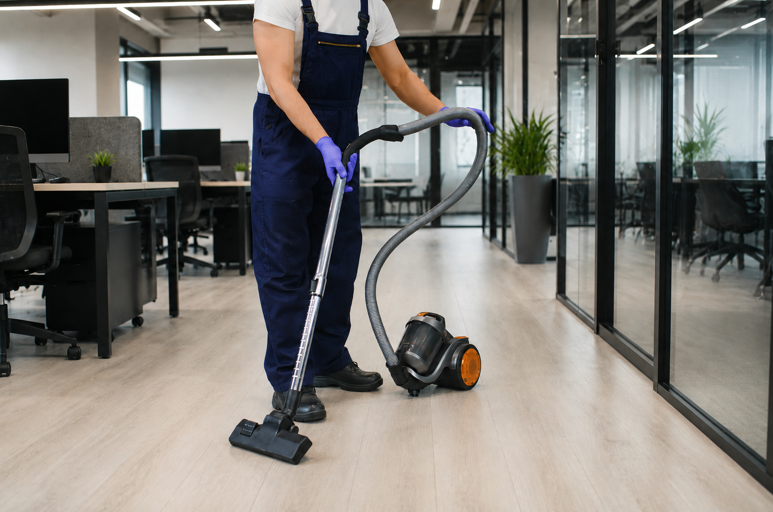 Agent d’entretien passant l’aspirateur dans bureau moderne
