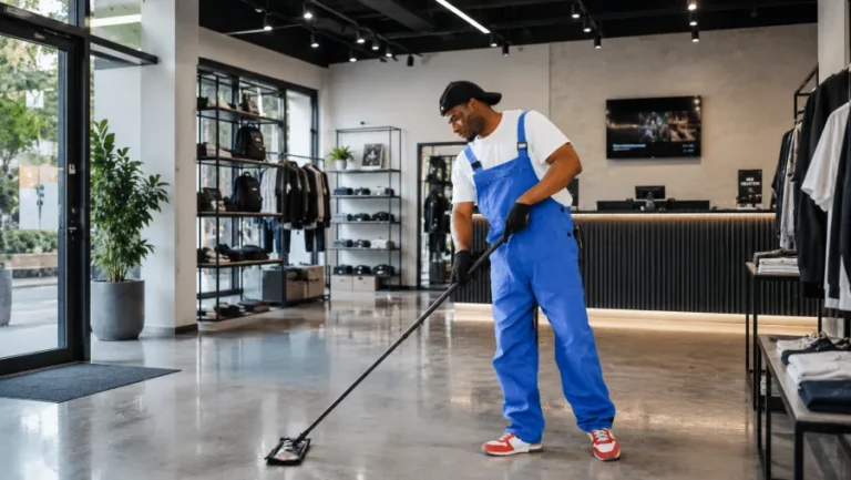 Agent d'entretien nettoyant sol d'une boutique moderne